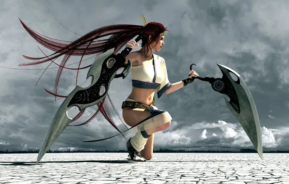 Girl, surface, clouds, weapons, sword, Heavenly Sword, art, red