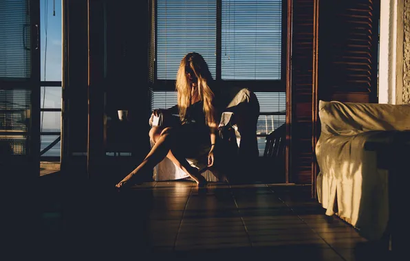 Girl, room, window, blonde, sitting
