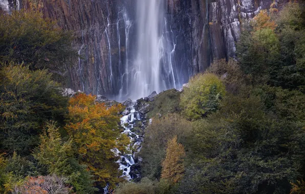 Autumn, forest, trees, mountain, waterfall
