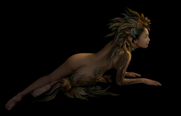 Erotic, ass, chest, leaves, girl, pose, style, fantasy