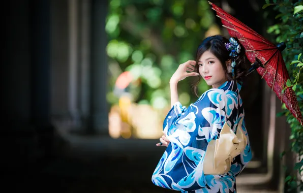 Girl, kimono, Asian, cutie, bokeh
