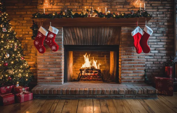 Lights, room, fire, flame, Board, Christmas, gifts, floor