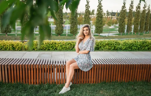 Trees, dress, blonde, legs, sitting, A Diakov George, Elena Korovaina