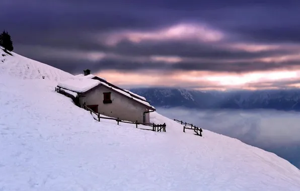 Picture winter, snow, mountains, house, mountain, slope