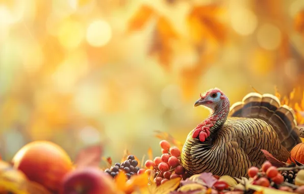 Autumn, leaves, nature, bird, apples, grapes, lies, yellow background