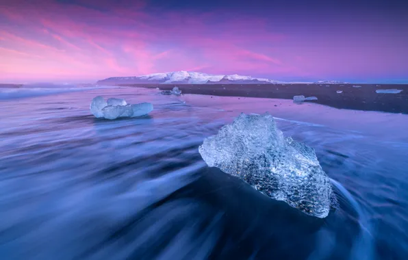 Sea, sunset, mountains, ice, Iceland, Iceland, Jökulsárlón, the glacial lagoon