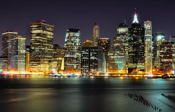 Night, lights, skyscrapers, Brooklyn, Night, Manhattan, NYC, Lower