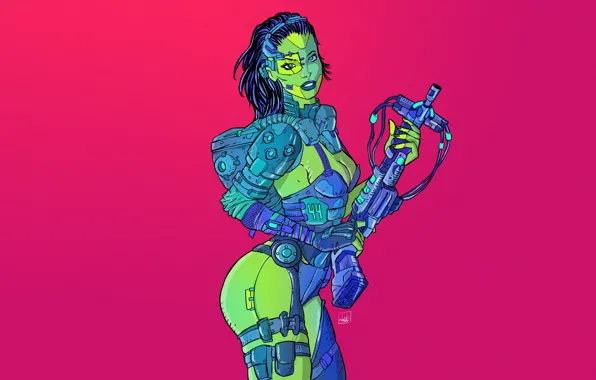 Girl, Minimalism, Robot, Style, Background, Weapons, Robot, Style