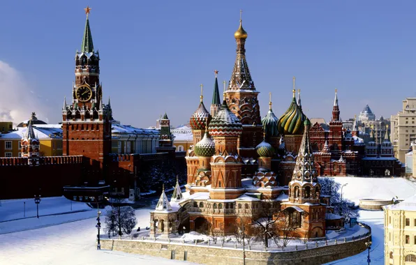 Picture winter, snow, Moscow, the Kremlin, St. Basil's Cathedral, Pokrovsky Cathedral