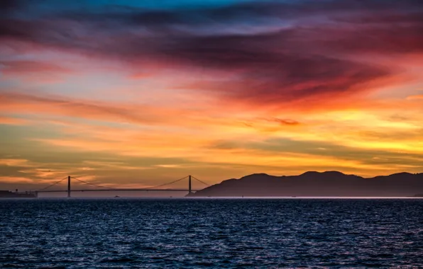 Clouds, sunset, bridge, ships, The Berkeley Marina