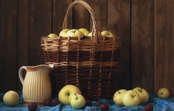 Picture basket, apples, pitcher, still life
