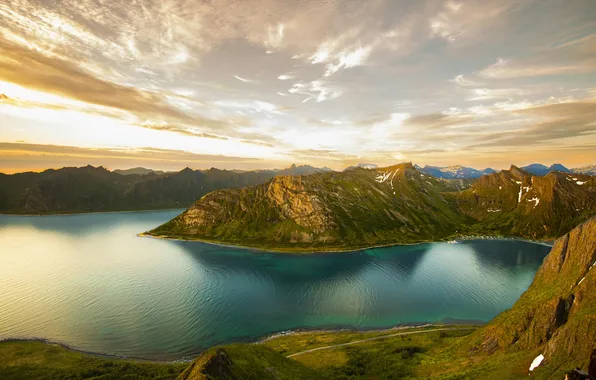 Picture landscape, nature, sunset, water, clouds, lake, hills