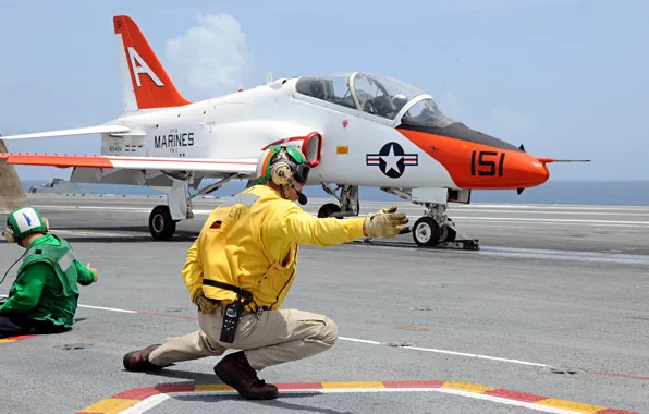 Picture the sky, the plane, the carrier, Goshawk, Boeing T-45