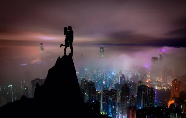 Picture the sky, girl, night, the city, view, kiss, skyscrapers, guy