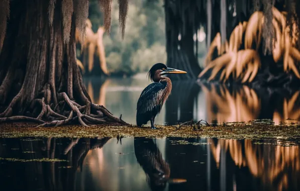 Water, trees, nature, roots, lake, reflection, rendering, bird