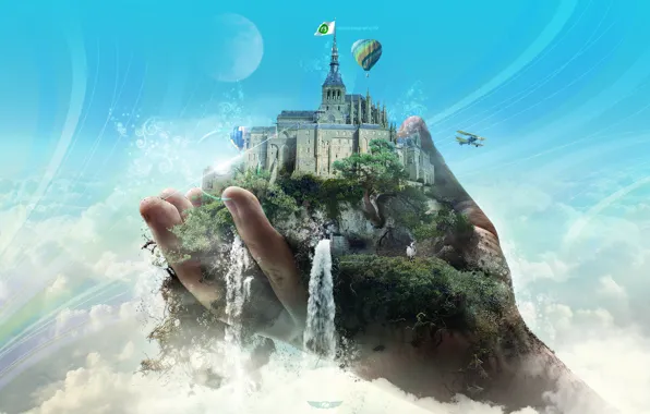 The world, hand, waterfalls