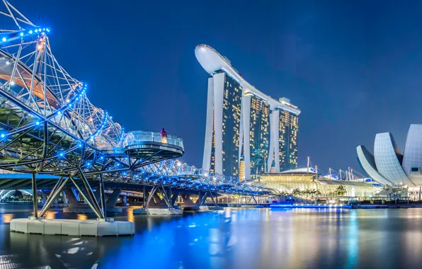 Night, bridge, design, lights, river, building, neon, Singapore