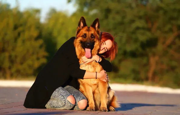 Picture girl, background, dog, German shepherd