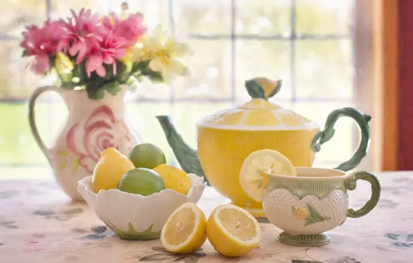 Picture flowers, table, tea, kettle, window, Cup, vase, bowl