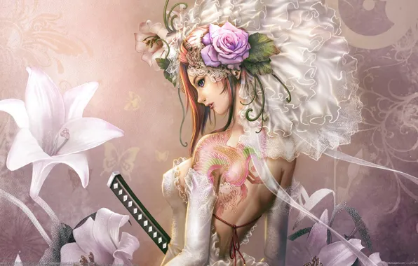 Girl, flowers, sword, dress, tattoo, the bride, veil, the handle