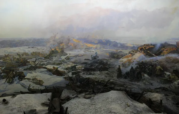 Winter, Snow, War, Panorama, Picture, Soldiers, Fragment, Russian