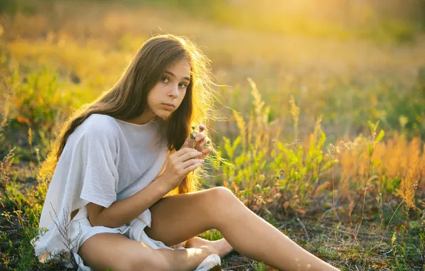 Field, grass, flowers, feet, girl, Alina, Evgeny Matveev