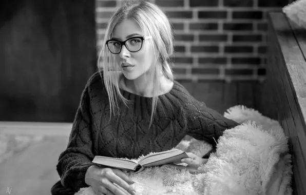 Portrait, makeup, glasses, hairstyle, blonde, book, black and white, beauty