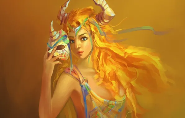 Girl, mask, art, horns, yellow background