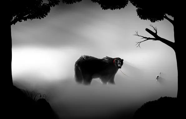 Trees, fog, red, child, bear, art, leash, black and white