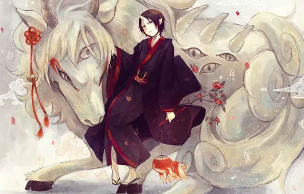 Picture eyes, fish, anime, art, horns, guy, monster, hoozuki