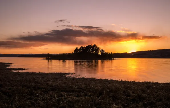 Sunset, lake, island