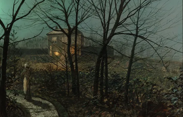 Picture picture, painting, painting, 1882, John Atkinson Grimshaw, Woman on a Path by a Cottage