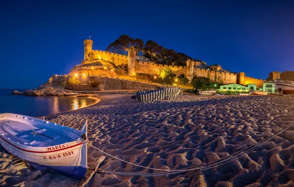 Sand, sea, beach, trees, night, lights, wall, coast