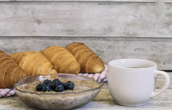 Coffee, food, Breakfast, blueberries, bread, cereal, croissant