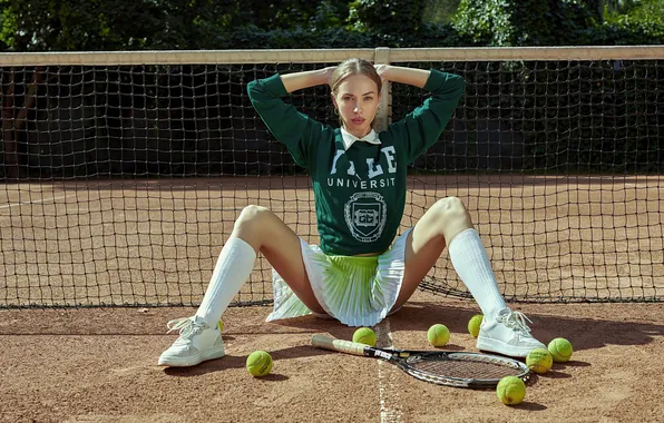 Girl, pose, mesh, skirt, hands, racket, balls, legs