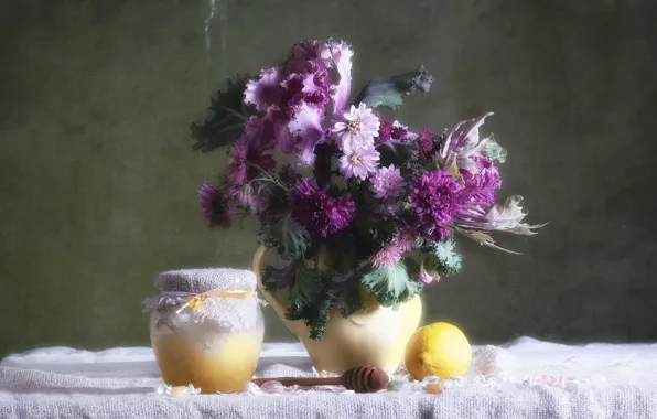 Flowers, lemon, still life, honey