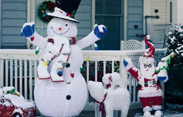 Winter, snow, joy, smile, house, toys, the fence, Christmas