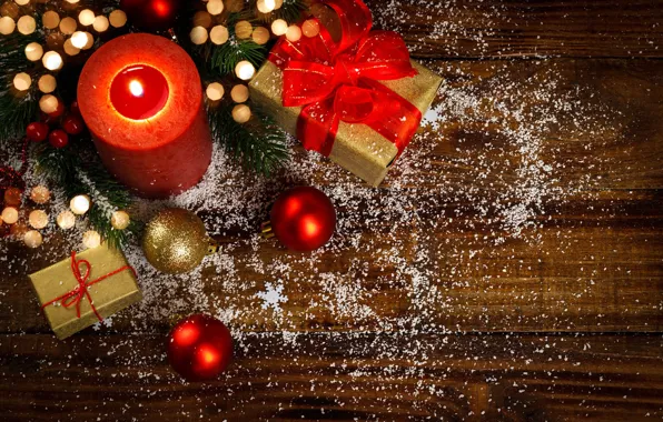 Balls, snowflakes, branches, holiday, Board, candle, lights, Christmas