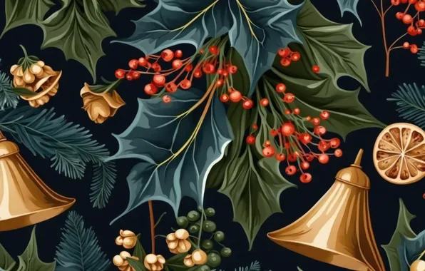 Leaves, branches, berries, the dark background, texture, fruit, Christmas, New year