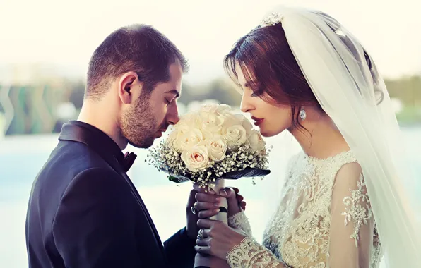 Picture girl, bouquet, dress, the bride, wedding, the groom