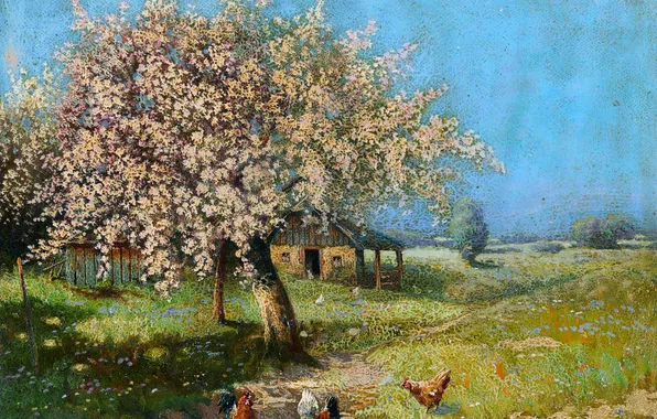 Trees, House, Picture, Alois Arnegger, Alois Arnegger, Austrian painter, Chickens, Blooming trees on the farm