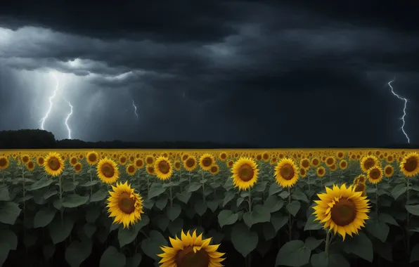 The storm, field, clouds, sunflowers, clouds, nature, background, element