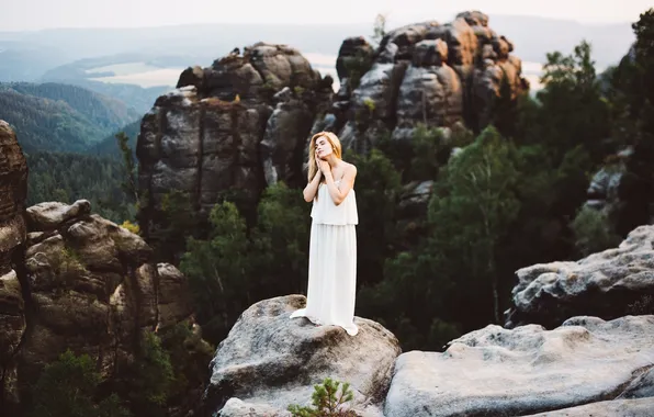 White, mountains, dress, blonde