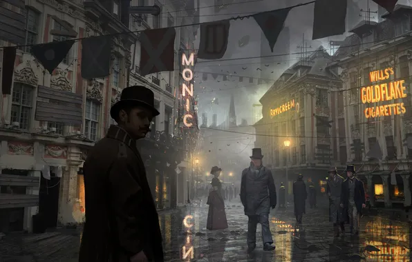 Picture the city, street, the evening, steampunk, passers-by