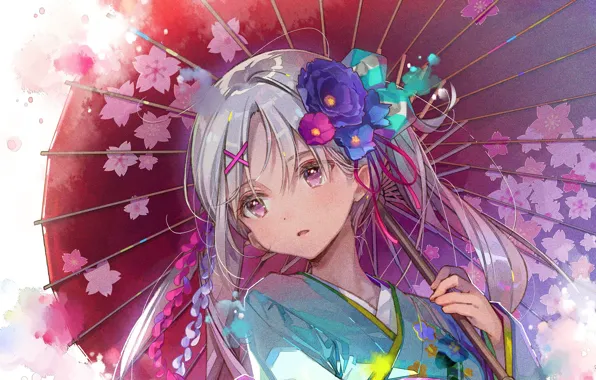 Girl, kimono, flower in hair, under the umbrella, long white hair