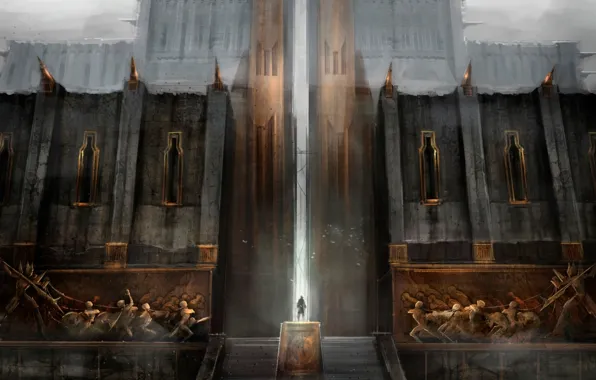 The city, people, gate, the door, ladder, haze, fortress, Dragon Age 2