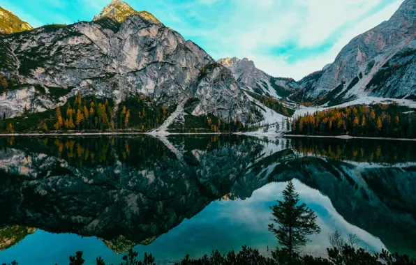 The sky, Nature, Reflection, Mountains, Lake, Trees, Mountain, Forest