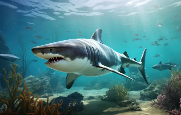 Sea, water, fish, predator, shark, corals, mouth, underwater world