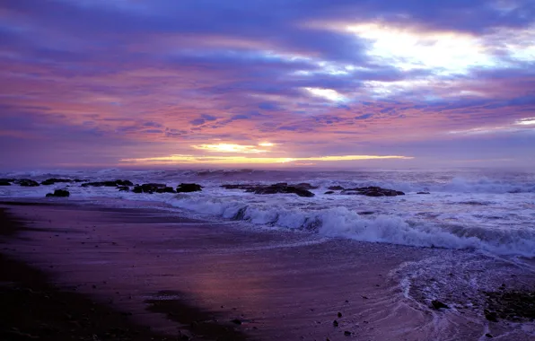 Sea, wave, beach, sunset, stones