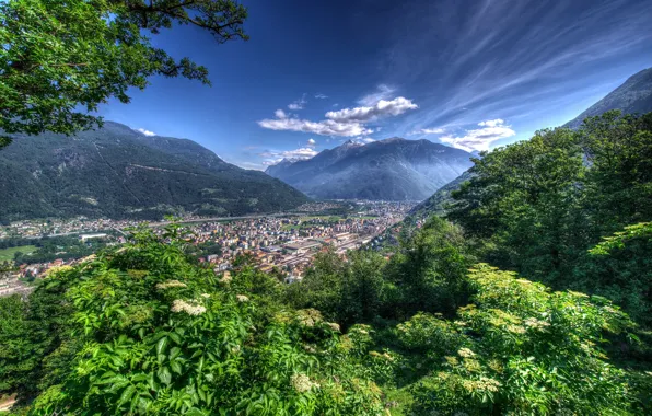 Greens, forest, the sky, clouds, trees, mountains, home, Switzerland